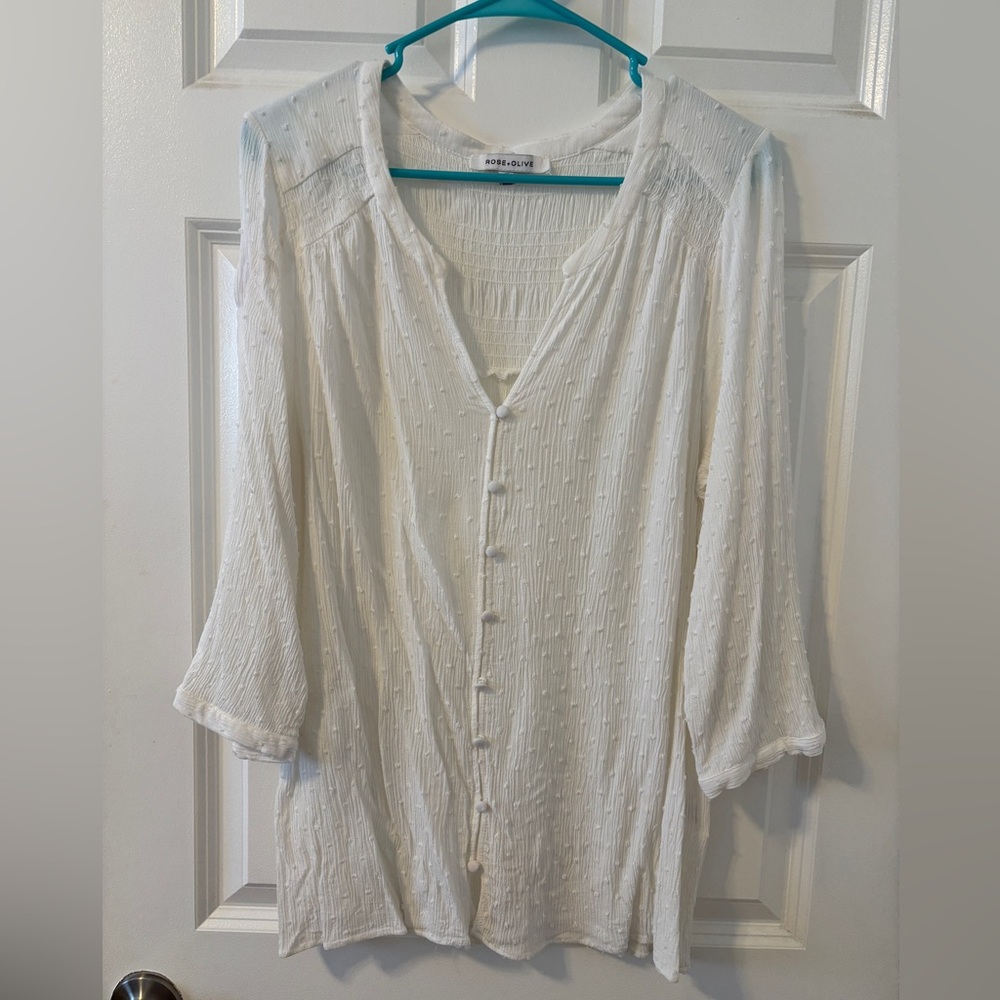 Rose Olive Top 1X Plus Blouse Swiss Dot Button down